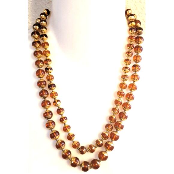 Vintage Signed Japan Electroplated Edge Amber Beaded Necklace Lucite 2 Strand - Picture 1 of 7